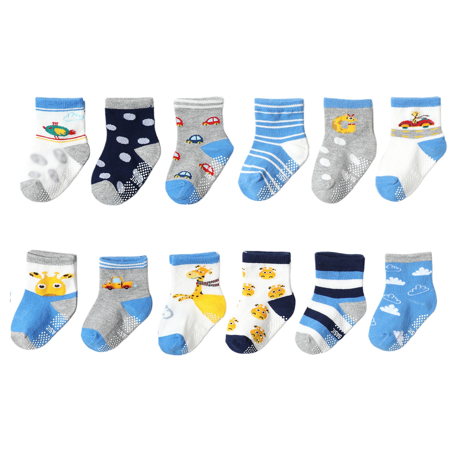 Baby Socks 12-18 Months,12 Pack Non Slip Kids Toddler Baby Socks With Grips For 3 5 Years Boys Girls Cotton Crew Socks Multi Colors Blue